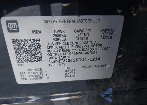 2024 Chevrolet Traverse Awd Lt z USA, uszkodzony, nr VIN 1GNEVGKS9RJ171214